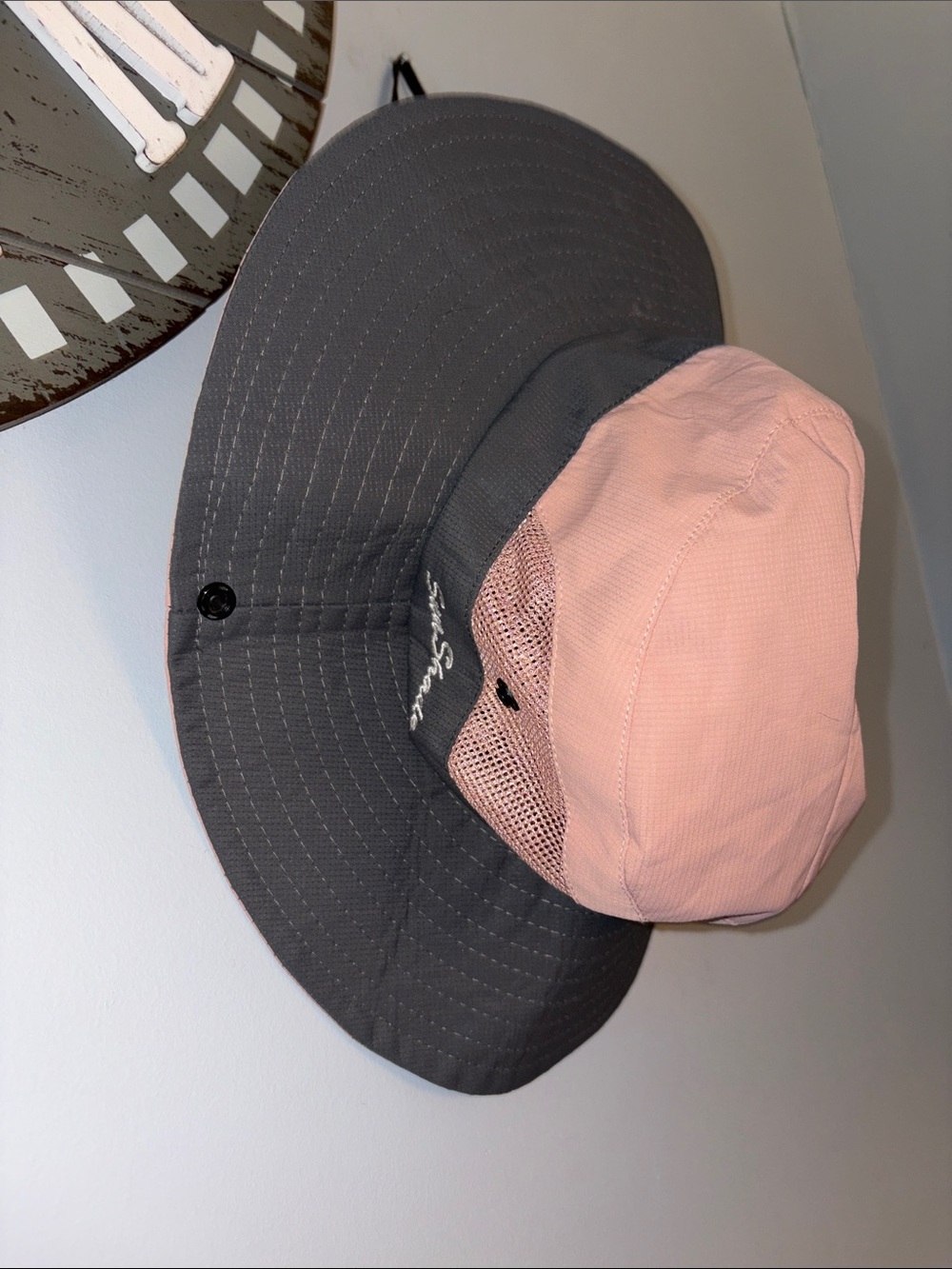 Sun Shade Two-Tone Bucket Sun Hat - Pink & Gray with adjustable strap